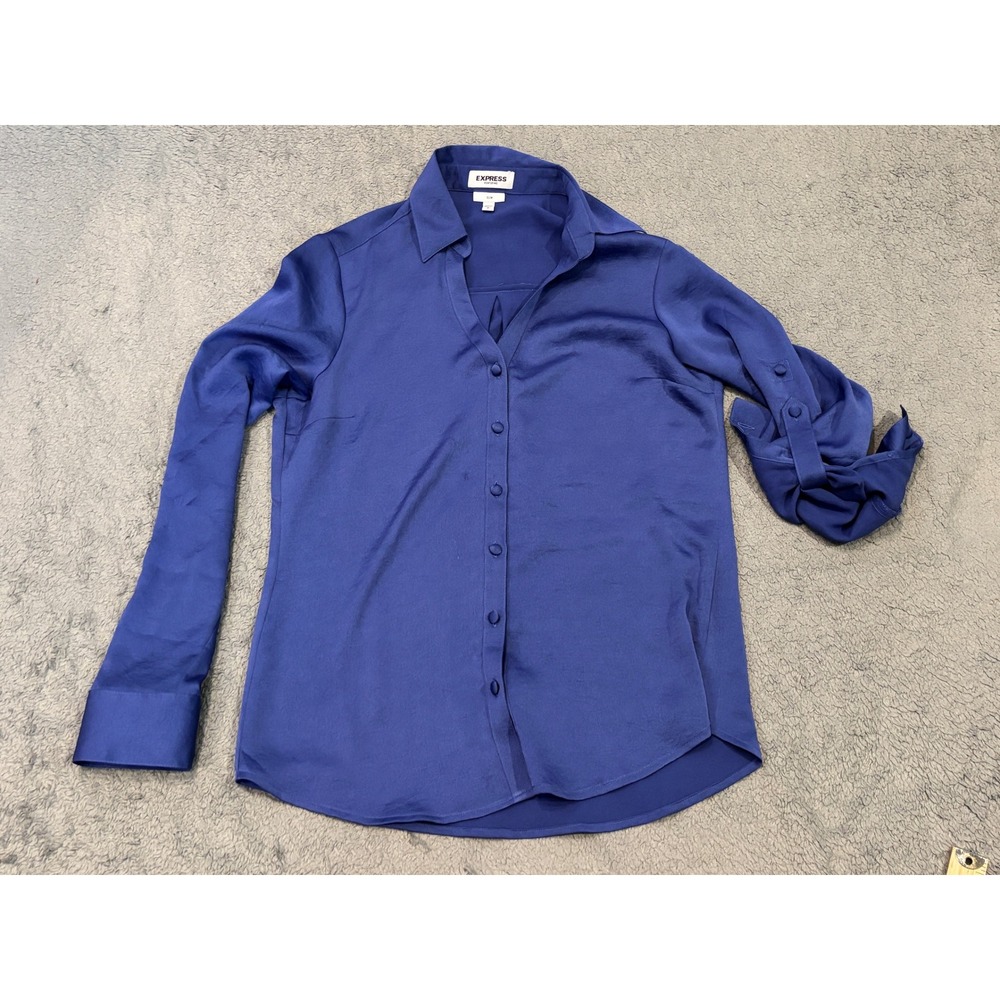 Express Portofino Slim Button Down Shirt Cobalt Blue Long Sleeve Roll Tab Small